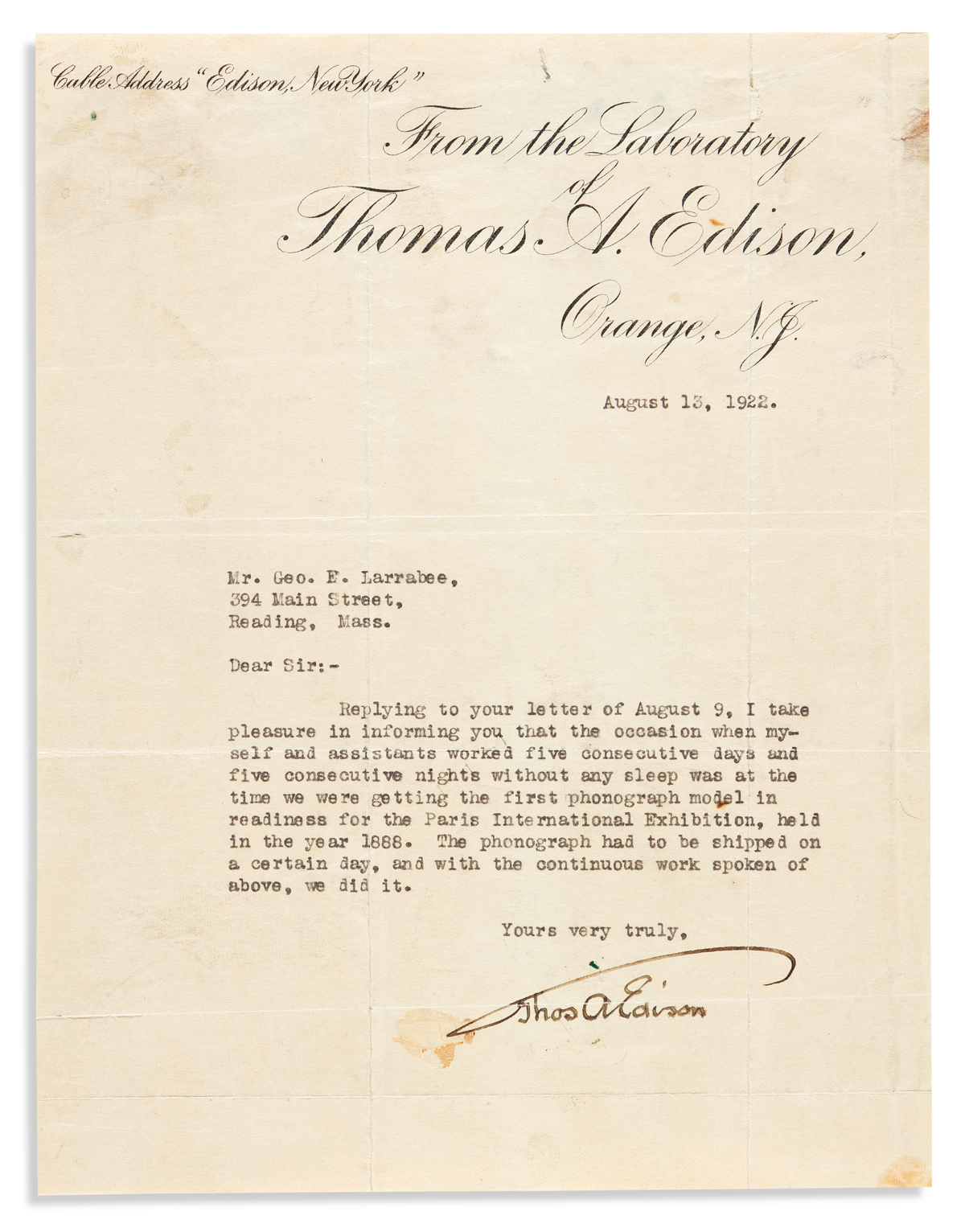 (INVENTORS.) EDISON, THOMAS A. Typed Letter Signed, to George E. Larrabee,
